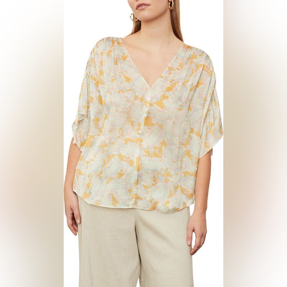 Vince 100% Silk Lotus Ruched Flutter Sleeve Blouse $345 Size M